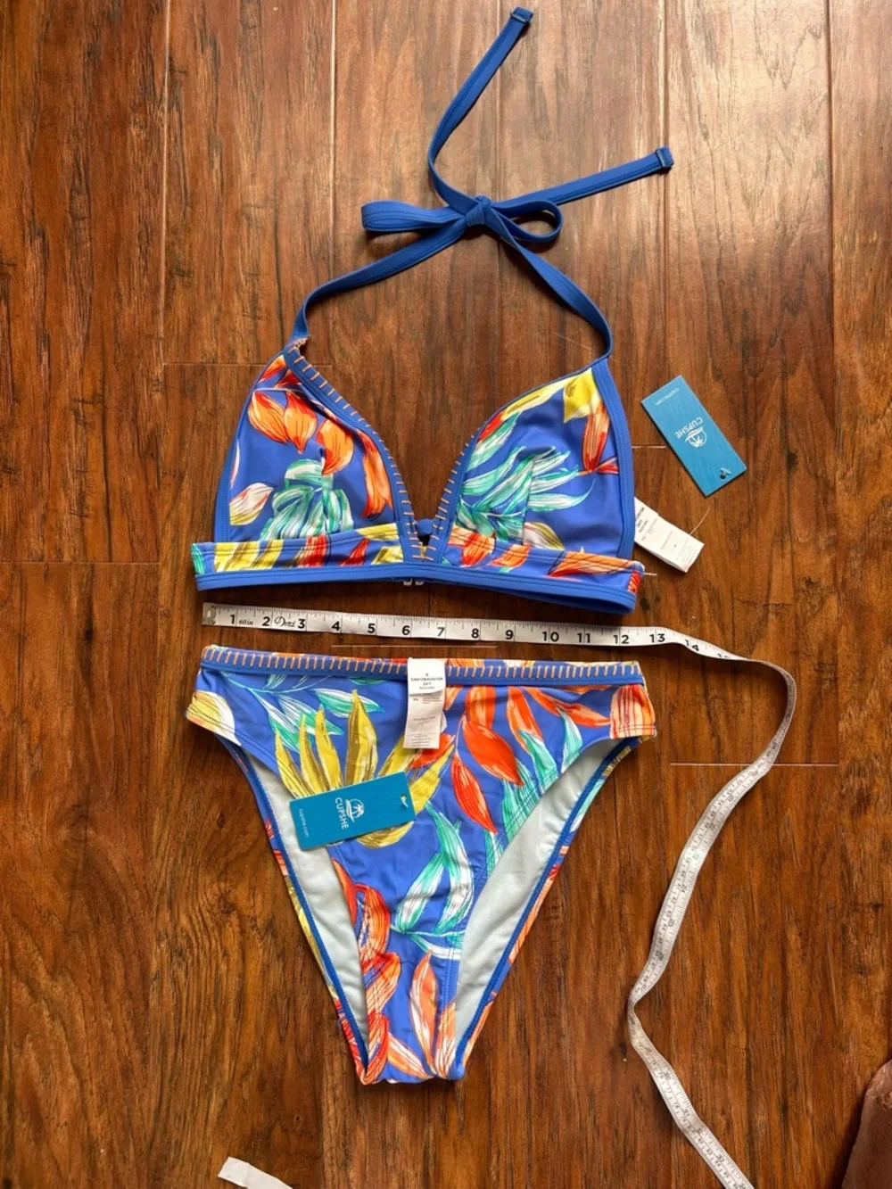 Cupshe Blue Tropical Triangle Bikini Set with Orange & Green Leaf Print - Picture 8 of 10